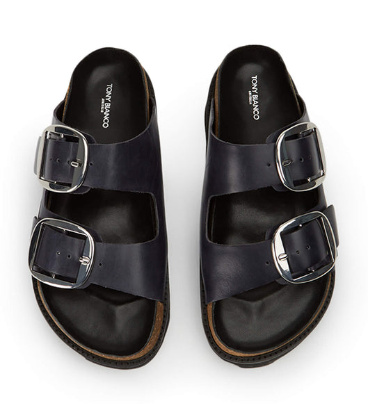 Black Tony Bianco Marty Black Wax Flat Sandals | APHWC59200