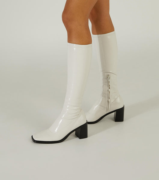 White Tony Bianco Damon Ecru Crinkle Patent 7.5cm Knee High Boots | PHDFL54983